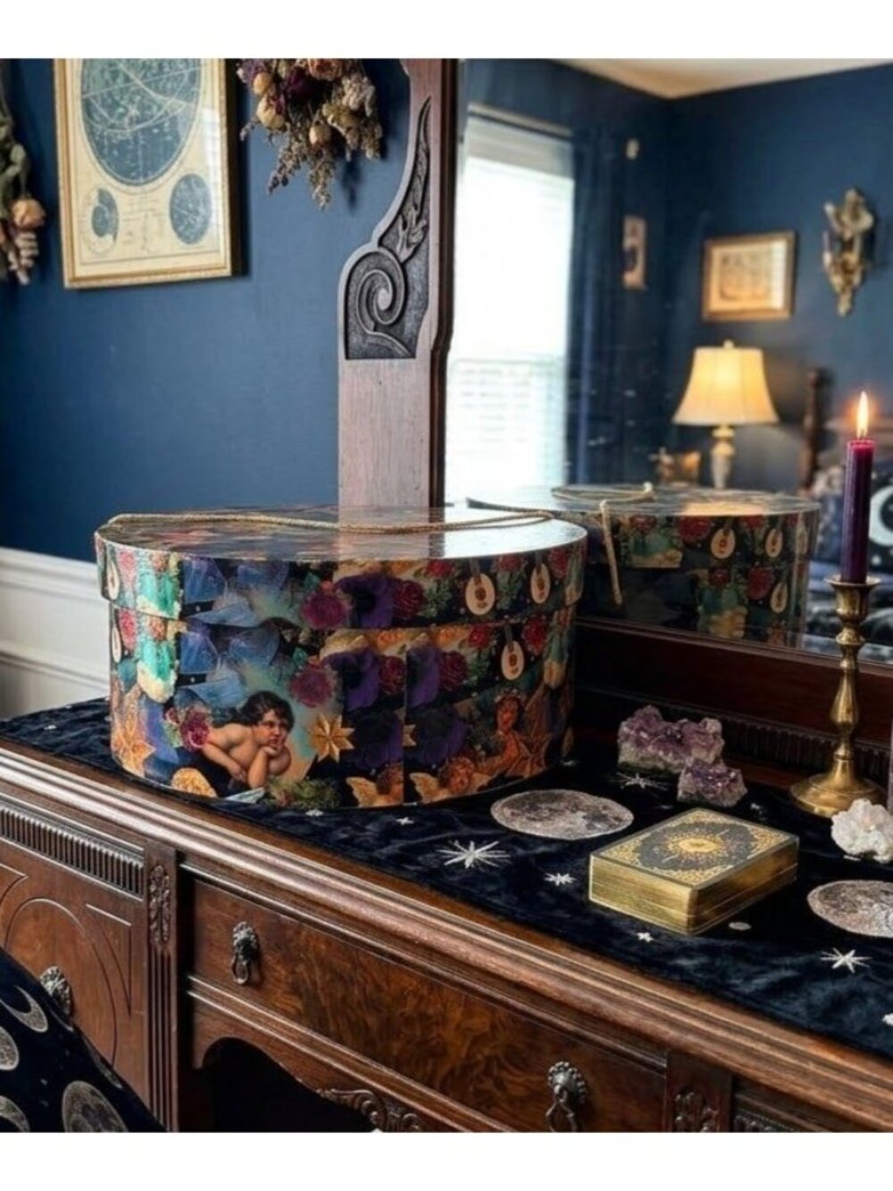 Vintage 90s Celestial Angel Hat Box Round Cherub Floral Storage Baroque Decor